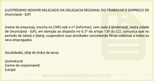 Modelo de Comunicado de Férias Coletivas ao Ministério do Trabalho