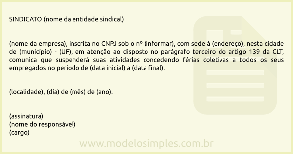 Modelo de Comunicado de Férias Coletivas ao Sindicato da 