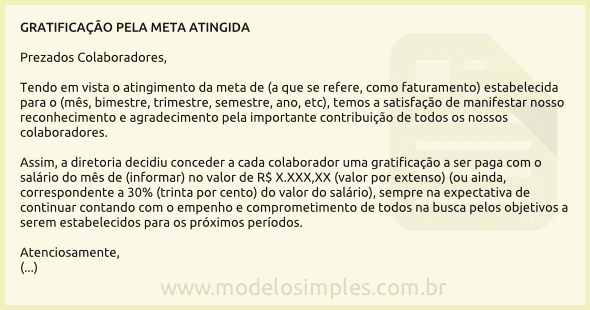 Modelo de Comunicado de Gratificação pela Meta Atingida