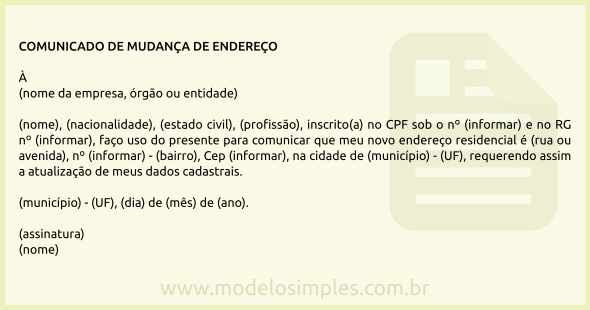 Modelo de Comunicado de Mudança de Endereço