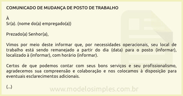 Modelo de Comunicado de Mudança de Posto de Trabalho