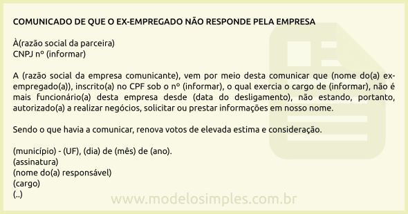 Modelo de Comunicado de que o Ex-Empregado não Responde pela Empresa