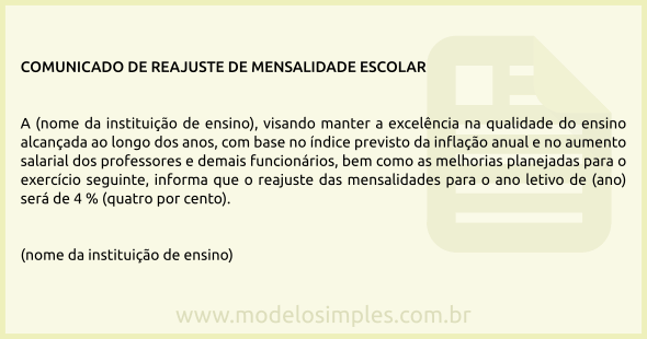 Modelo de Comunicado de Reajuste de Mensalidade Escolar