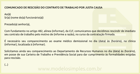 Modelo de Comunicado de Rescisão do Contrato de Trabalho por Justa Causa