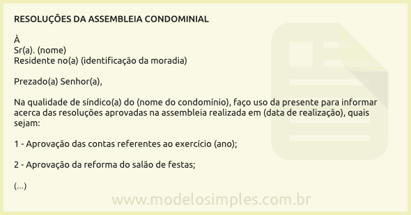 Modelo de Comunicado de Resoluções da Assembleia Condominial