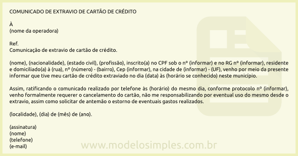 Modelo de Comunicando de Extravio de Cartão de Crédito