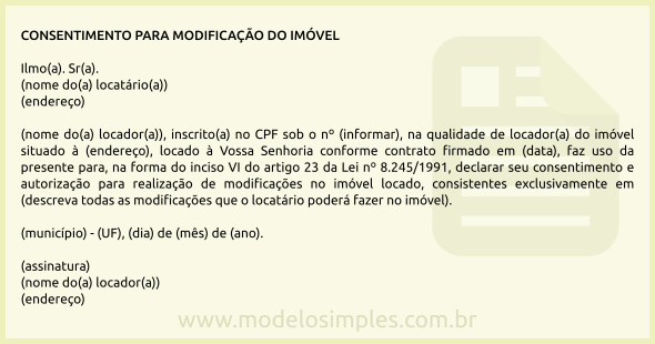 Modelo de Consentimento do Locador para que o Locatário Modifique o Imóvel