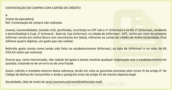 Modelo de Contestação de Compra com Cartão de Crédito