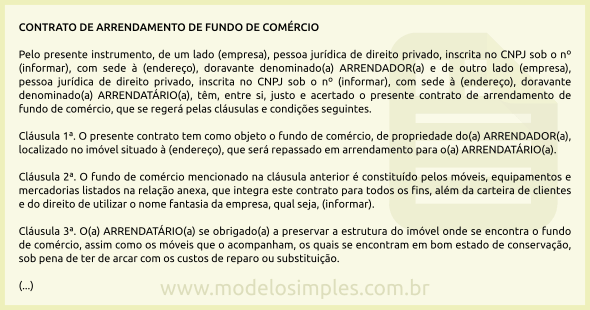 Modelo de Contrato de Arrendamento de Fundo de Comércio