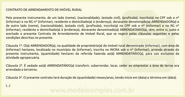 Modelo de Contrato de Arrendamento de Imóvel Rural