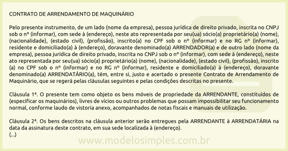 Modelo de Contrato de Arrendamento de Maquinário