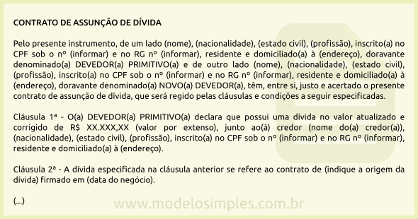 Modelo de Contrato de Assunção de Dívida