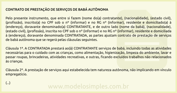 Modelo de Contrato de Babá Autônoma