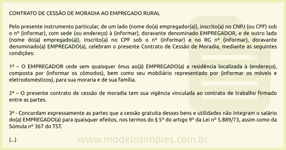 Modelo de Contrato de Cessão de Moradia para Empregado Rural