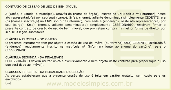 Modelo de Contrato de Cessão de Uso de Bem Imóvel