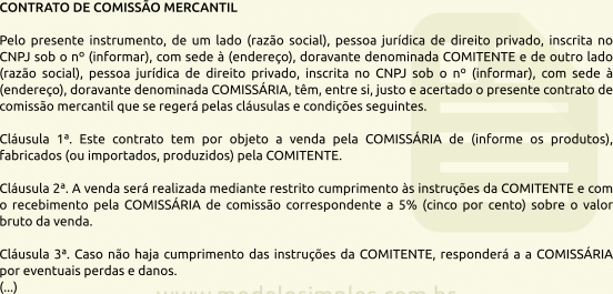 Modelo de Contrato de Comissão Mercantil pela Venda de Produtos