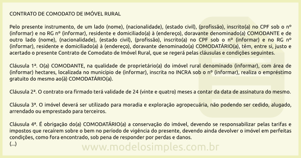 Modelo de Contrato de Comodato de Imóvel Rural