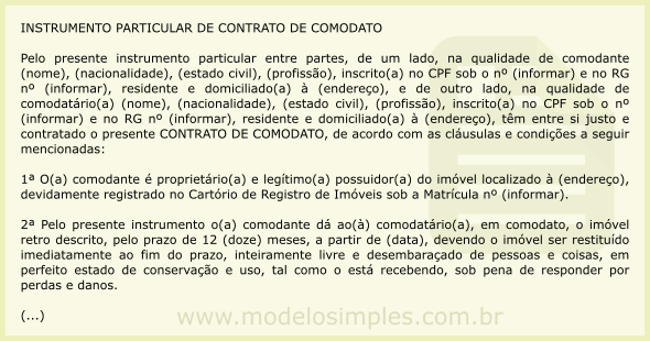 Modelo de Contrato de Comodato de Imóvel Urbano Residencial