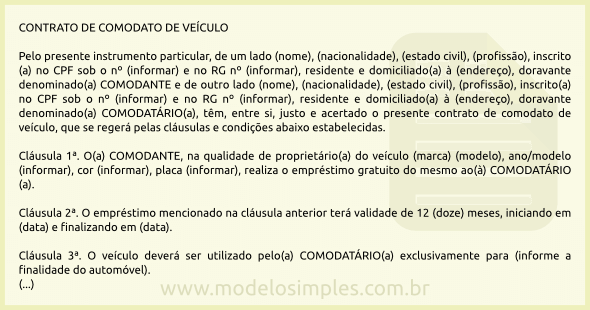 Modelo de Contrato de Comodato de Veículo