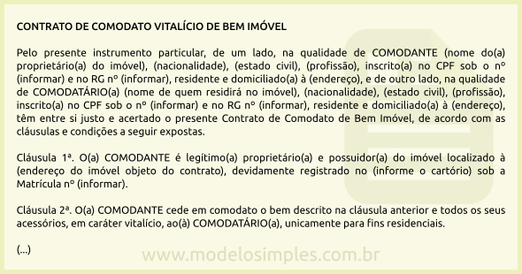 Modelo de Contrato de Comodato Vitalício de Imóvel