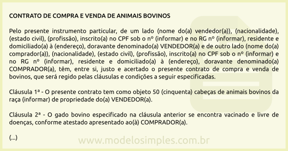 Modelo de Contrato de Compra e Venda de Animais Bovinos