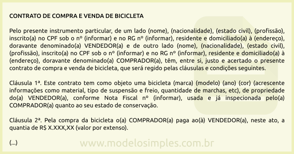 Modelo de Contrato de Compra e Venda de Bicicleta