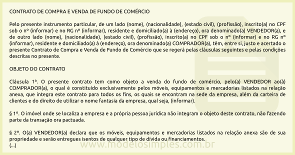 Modelo de Contrato de Compra e Venda de Fundo de Comércio