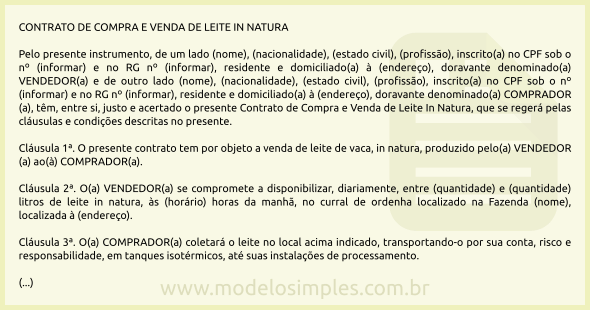 Modelo de Contrato de Compra e Venda de Leite In Natura