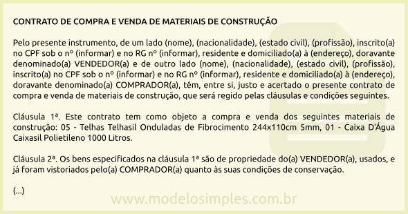 Modelo de Contrato de Compra e Venda de Materiais de Construção Usados