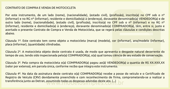 Modelo de Contrato de Compra e Venda de Moto