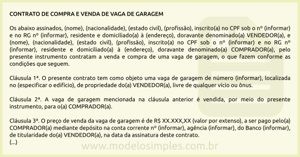 Modelo de Contrato de Compra e Venda de Vaga de Garagem