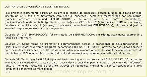 Modelo de Contrato de Concessão de Bolsa de Estudo ao 