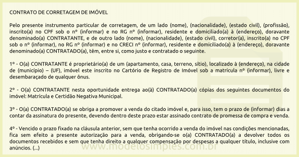 Modelo de Contrato de Corretagem de Imóvel