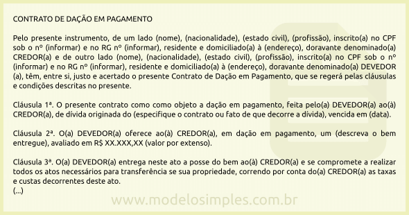 Modelo de Contrato de Dação em Pagamento