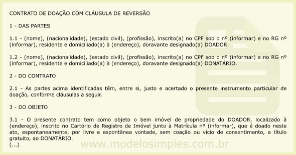 Modelo de Contrato de Doação com Cláusula de Reversão