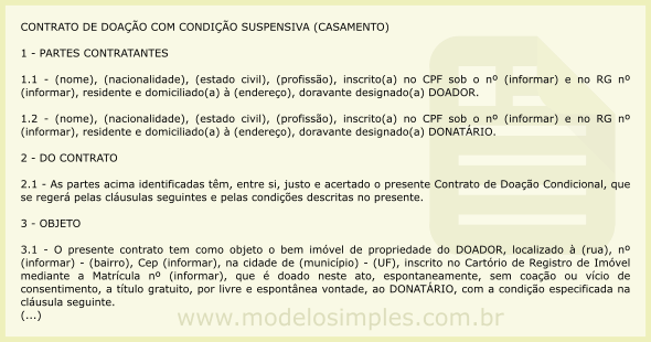 Modelo de Contrato de Doação Condicionada à Realização de Casamento