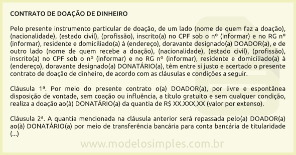 Modelo de Contrato de Doação de Dinheiro