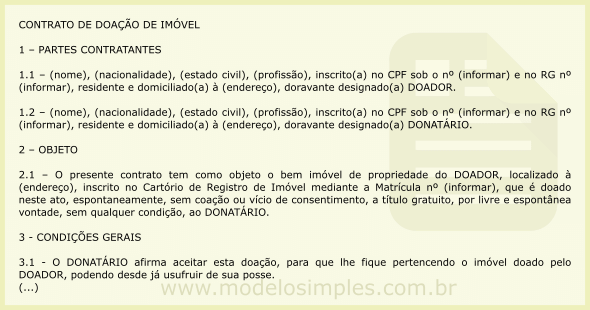 Modelo de Contrato de Doação de Imóvel