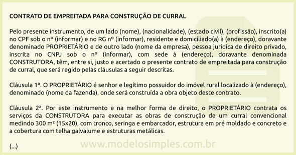 Modelo de Contrato de Empreitada para Construção de Curral