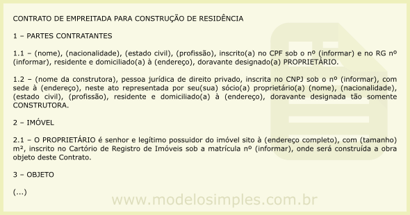 Modelo de Contrato de Empreitada para Construção de Residência