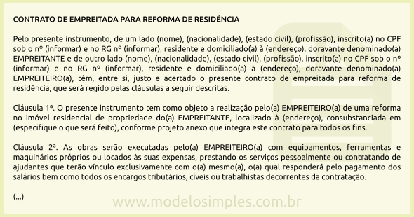 Modelo de Contrato de Empreitada para Reforma de Residência