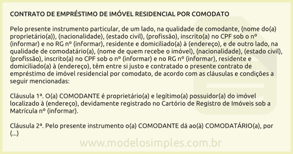 Modelo de Contrato de Empréstimo de Imóvel Residencial