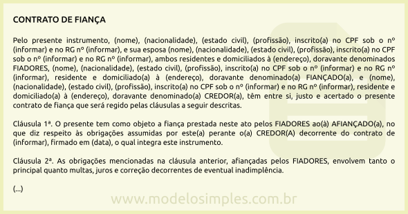 Modelo de Contrato de Fiança