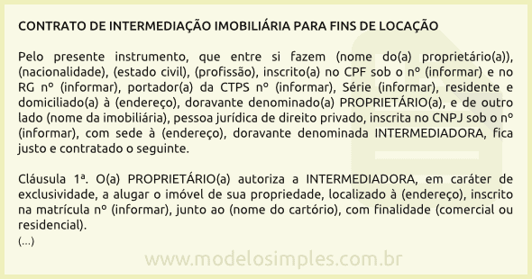 Modelo de Contrato de Intermediação de Locação de Imóvel