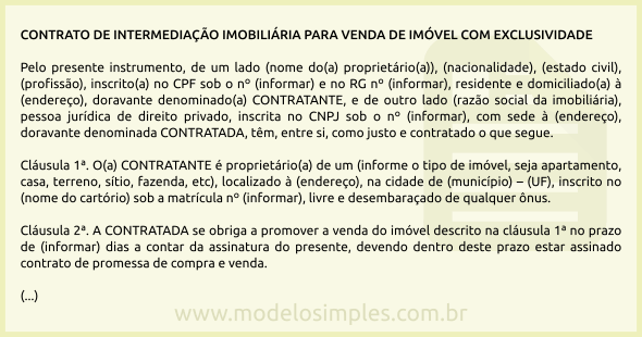 Modelo de Contrato de Intermediação Imobiliária para Venda de Imóvel