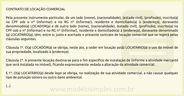 Modelo de Contrato de Locação Comercial