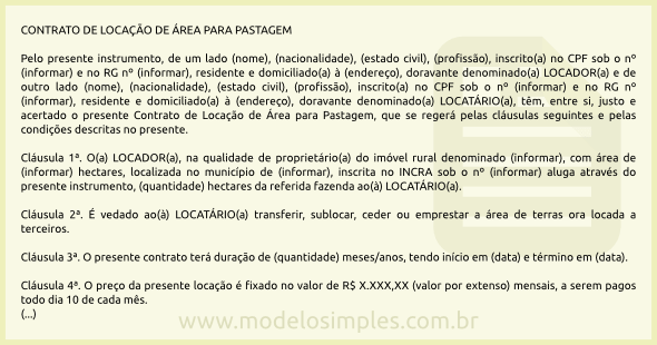 Modelo de Contrato de Locação de Área para Pastagem