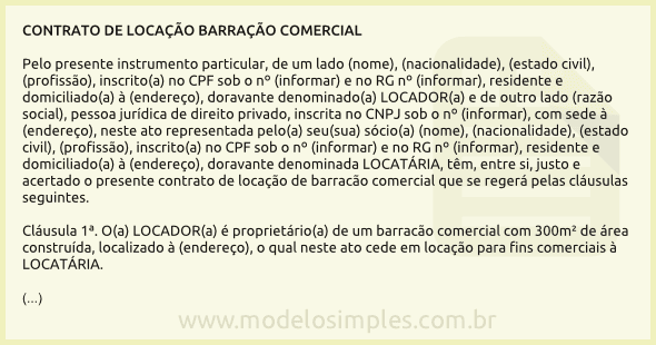 Modelo de Contrato de Locação de Barracão Comercial