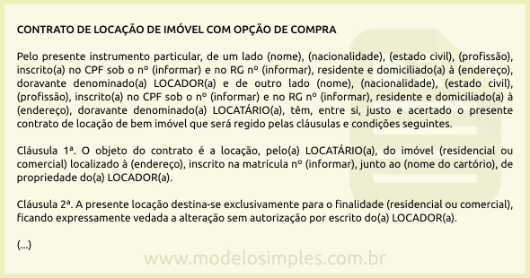 Modelo de Contrato de Locação de Imóvel com Opção de Compra