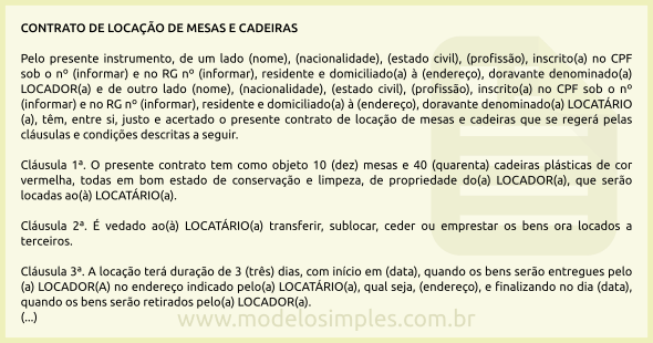 Modelo de Contrato de Locação de Mesas e Cadeiras